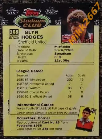 Glyn HODGES. Коллекция TOPPS Stadium Club Английская Премьер-Лига 92-93 1