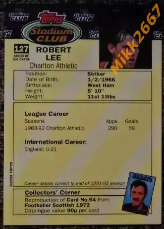 Robert LEE. Коллекция TOPPS Stadium Club Английская Премьер-Лига 92-93 1