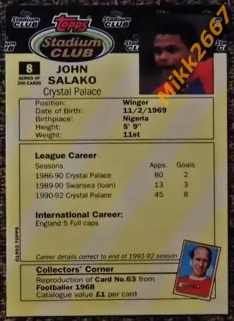 John SALAKO. Коллекция TOPPS Stadium Club Английская Премьер-Лига 92-93 1