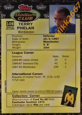 Terry PHELAN. Коллекция TOPPS Stadium Club Английская Премьер-Лига 92-93 1