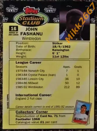 John FASHANU. Коллекция TOPPS Stadium Club Английская Премьер-Лига 92-93 1