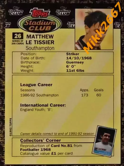 Matthew LE TISSIER. Коллекция TOPPS Stadium Club Английская Премьер-Лига 92-93 1