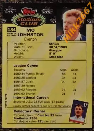 Mo JOHNSTON. Коллекция TOPPS Stadium Club Английская Премьер-Лига 92-93 1