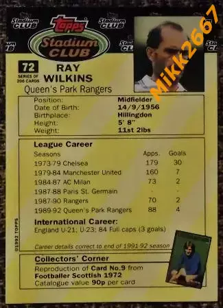 Ray WILKINS. Коллекция TOPPS Stadium Club Английская Премьер-Лига 92-93 1