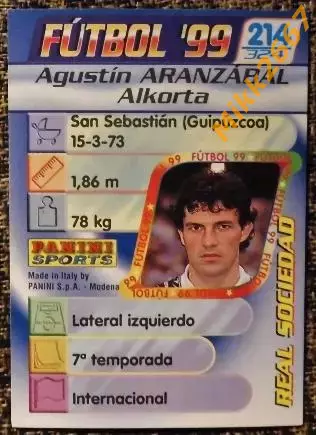 Agustin ARANZABAL Alkorta. Коллекция PANINI Futbol 1998-1999 1