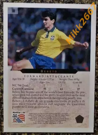 BEBETO. Коллекция Upper Deck Чемпионат Мира США 1994 1