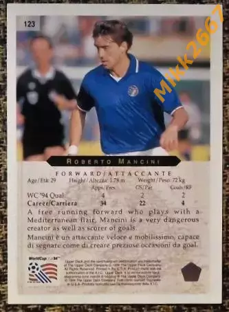 Roberto MANCINI. Коллекция Upper Deck Чемпионат Мира США 1994 1