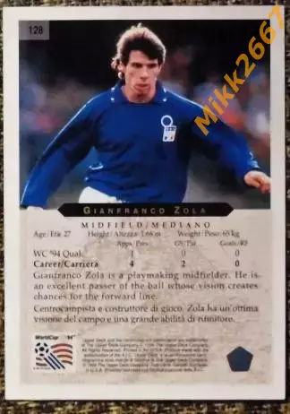 Gianfranco ZOLA. Коллекция Upper Deck Чемпионат Мира США 1994 1