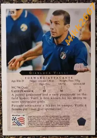 Gianluca VIALLI. Коллекция Upper Deck Чемпионат Мира США 1994 1