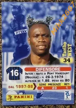 Taribo WEST. Коллекция Panini Calcio 99 Cards 1