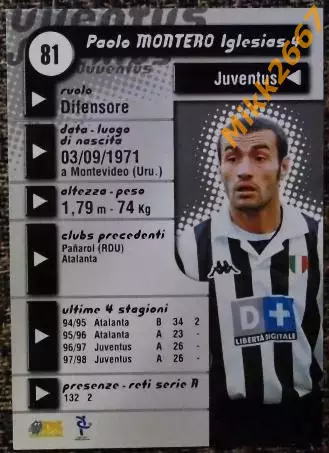 Paolo MONTERO Iglesias. Коллекция DS Pianeta Calcio 1998-1999 1