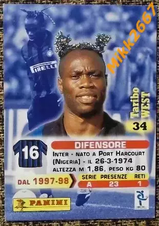 Taribo WEST. Коллекция Panini Calcio 99 Cards 1