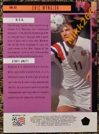 Eric WYNALDA. Коллекция Upper Deck Чемпионат Мира США 1994 1