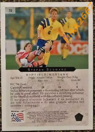 Stefan SCHWARZ. Коллекция Upper Deck Чемпионат Мира США 1994 1