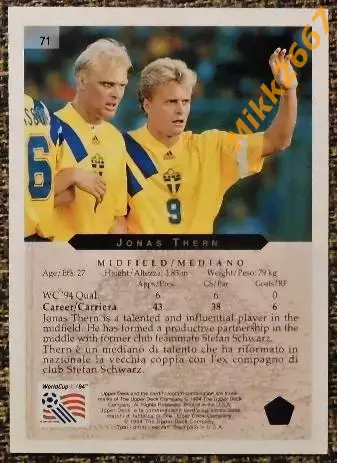 Jonas THERN. Коллекция Upper Deck Чемпионат Мира США 1994 1