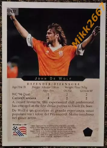 John DE WOLF. Коллекция Upper Deck Чемпионат Мира США 1994 1