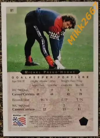 Michel PREUD'HOMME. Коллекция Upper DeckЧемпионат Мира США 1994 1