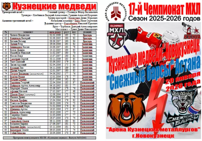 Кузнецкие медведи(Новокузнецк) - Снежные барсы(Астана) - 2025/26