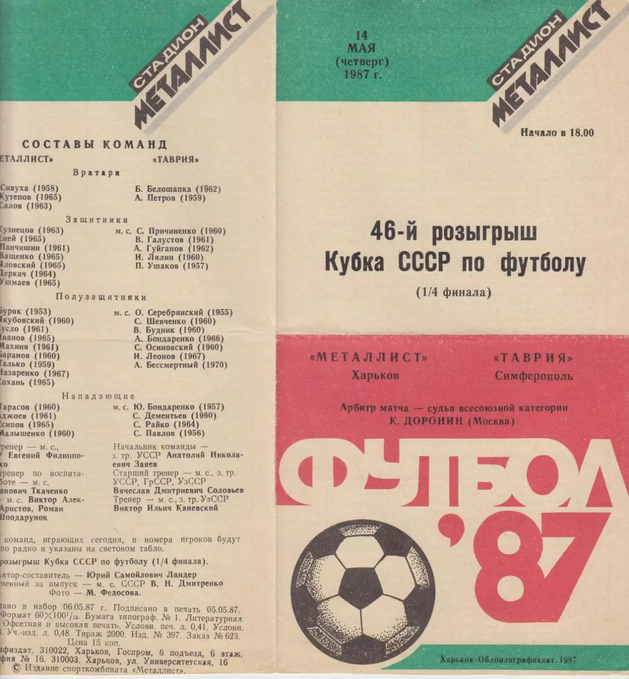 Металлист(Харьков) - Таврия(Симферополь) - 1987 - Кубок СССР