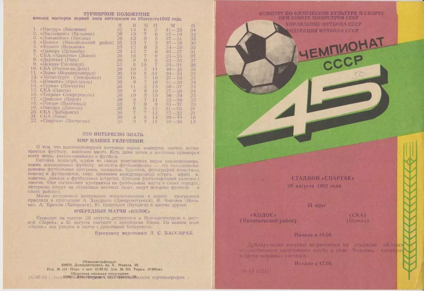 Колос(Никополь) - СКА(Одесса) - 1982