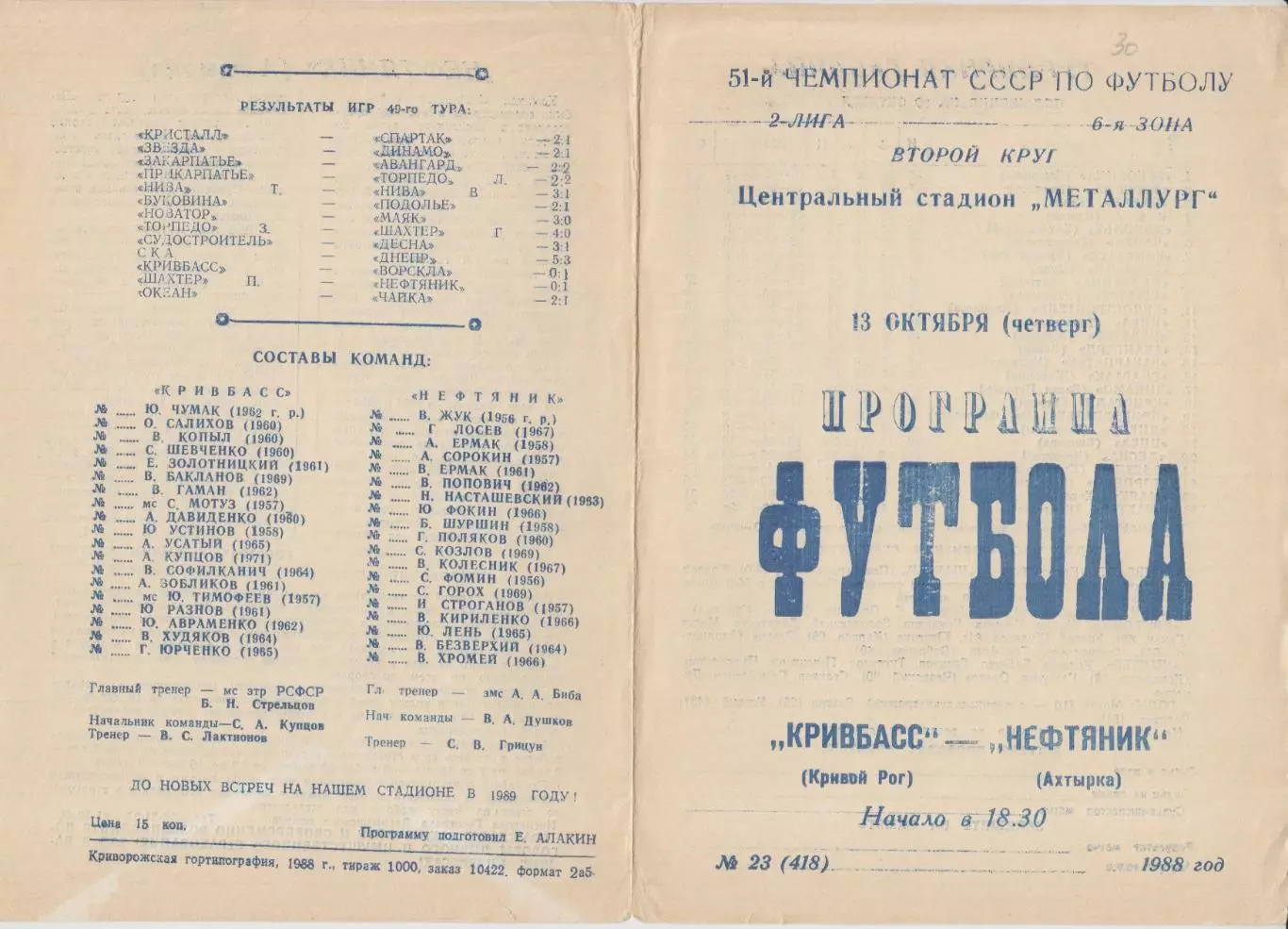 Кривбасс(Кривой Рог) - Нефтяник(Ахтырка) - 1988