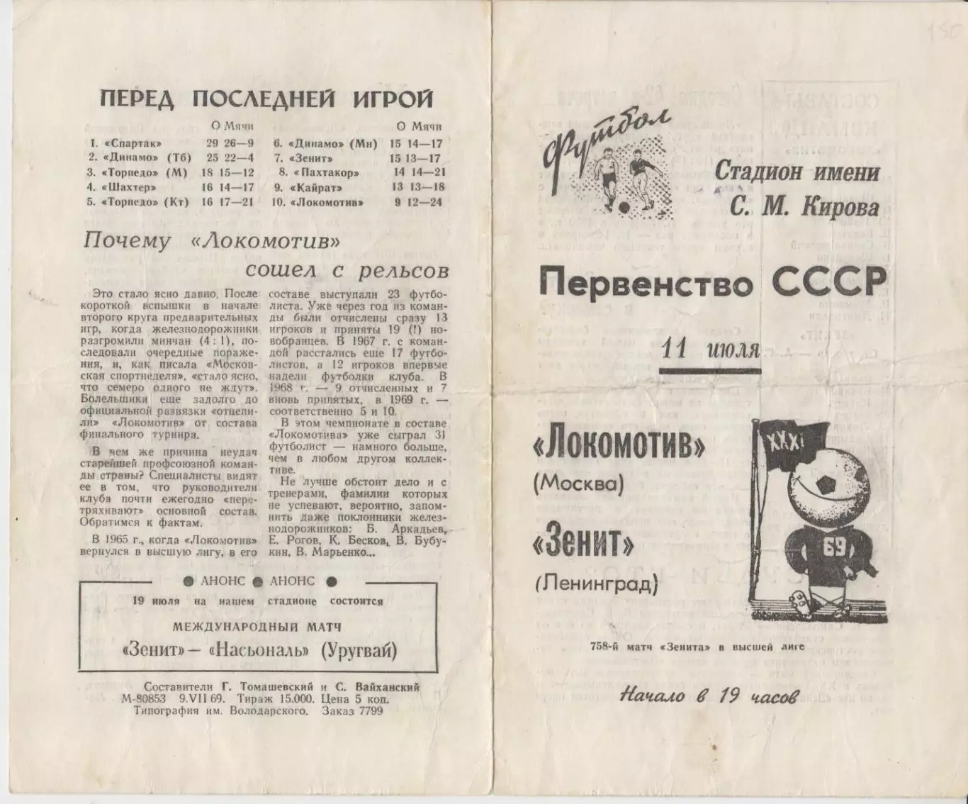 Зенит(Ленинград/Санкт-Петербург) - Локомотив(Москва) - 1969
