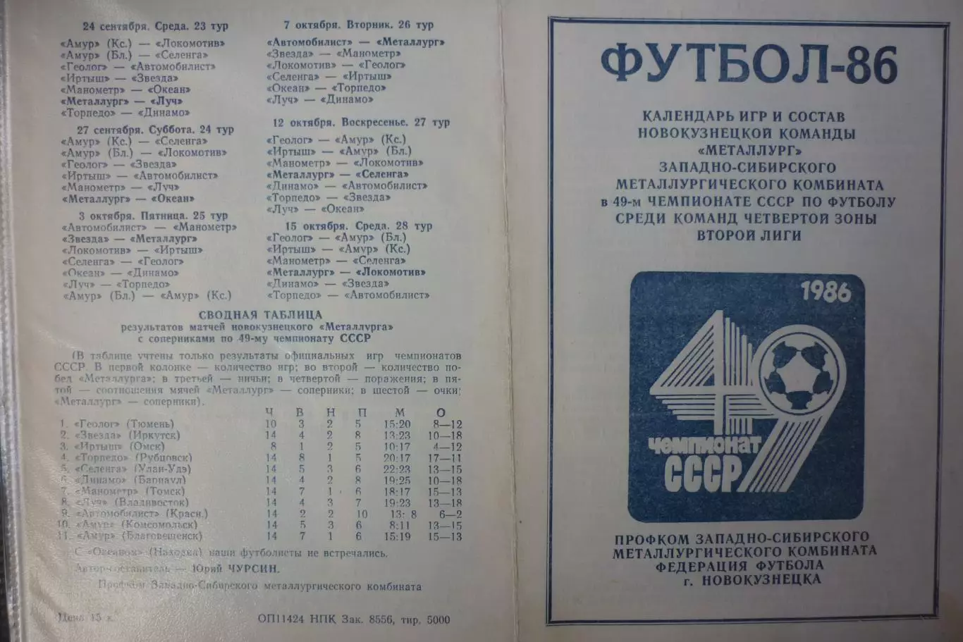 Фото-буклет сезона Металлург(Новокузнецк) - 1986