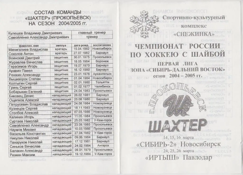 Шахтер(Прокопьевск) - Сибирь-2(Новосибирск) / Иртыш(Павлодар) - 2004/05