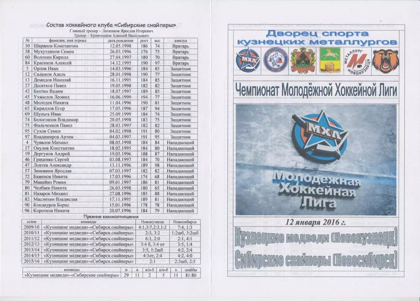 Кузнецкие медведи(Новокузнецк) - Сибирские снайперы(Новосибирск) - 2015/16 - 2