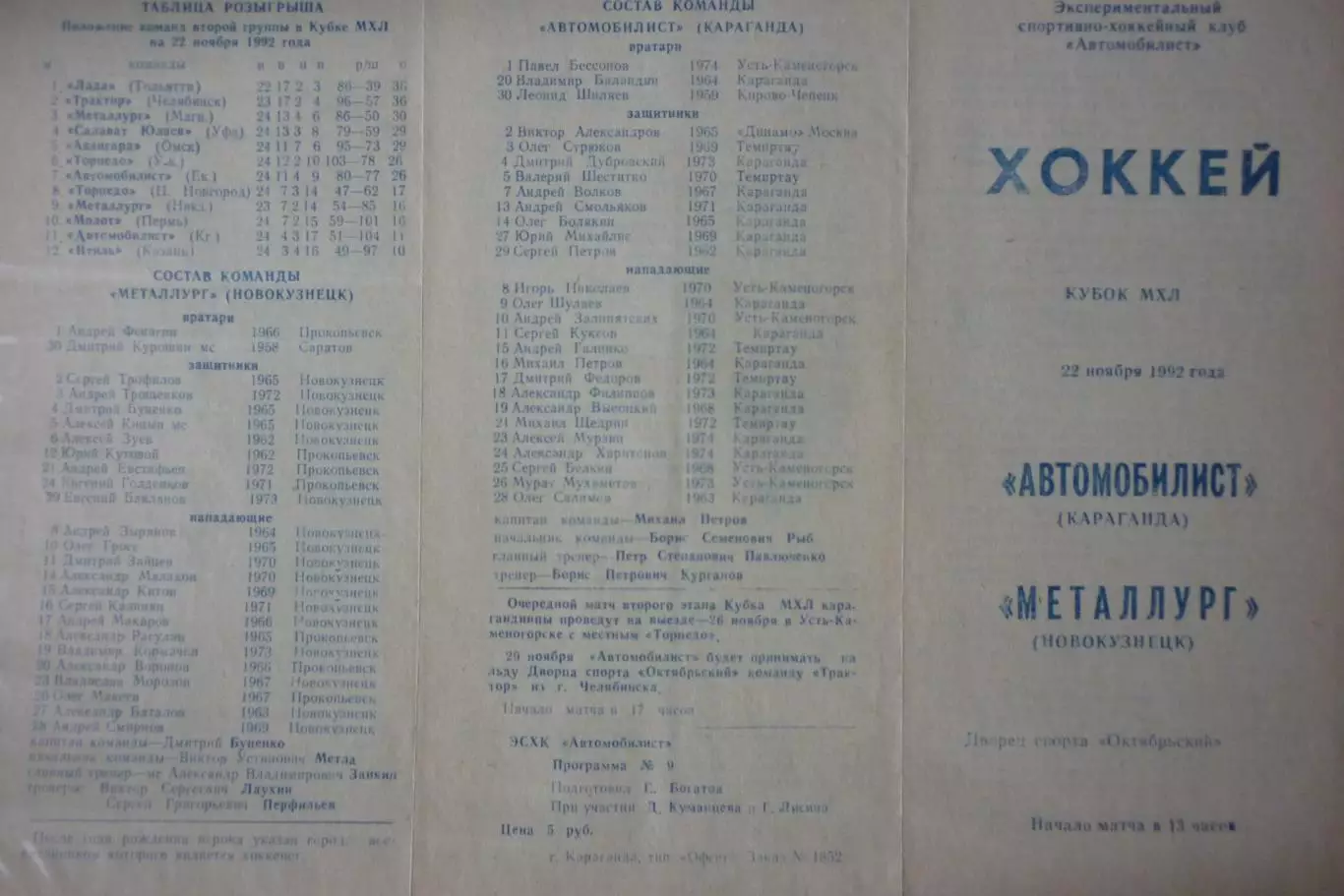 Автомобилист(Караганда) - Металлург(Новокузнецк) - 1992/93 - 2