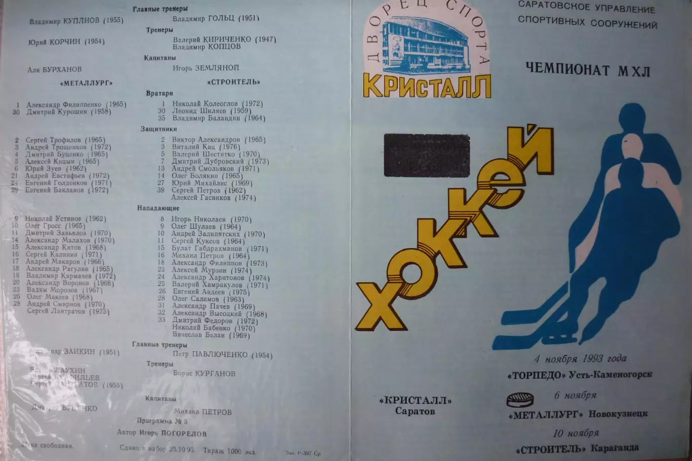 Кристалл(Саратов) - Металлург(Новокузнецк) / Усть-Каменогорск / Караганда - 1993
