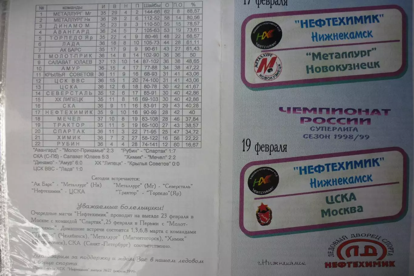 Нефтехимик(Нижнекамск) - Металлург(Новокузнецк) ЦСКА(Москва) - 1998/99