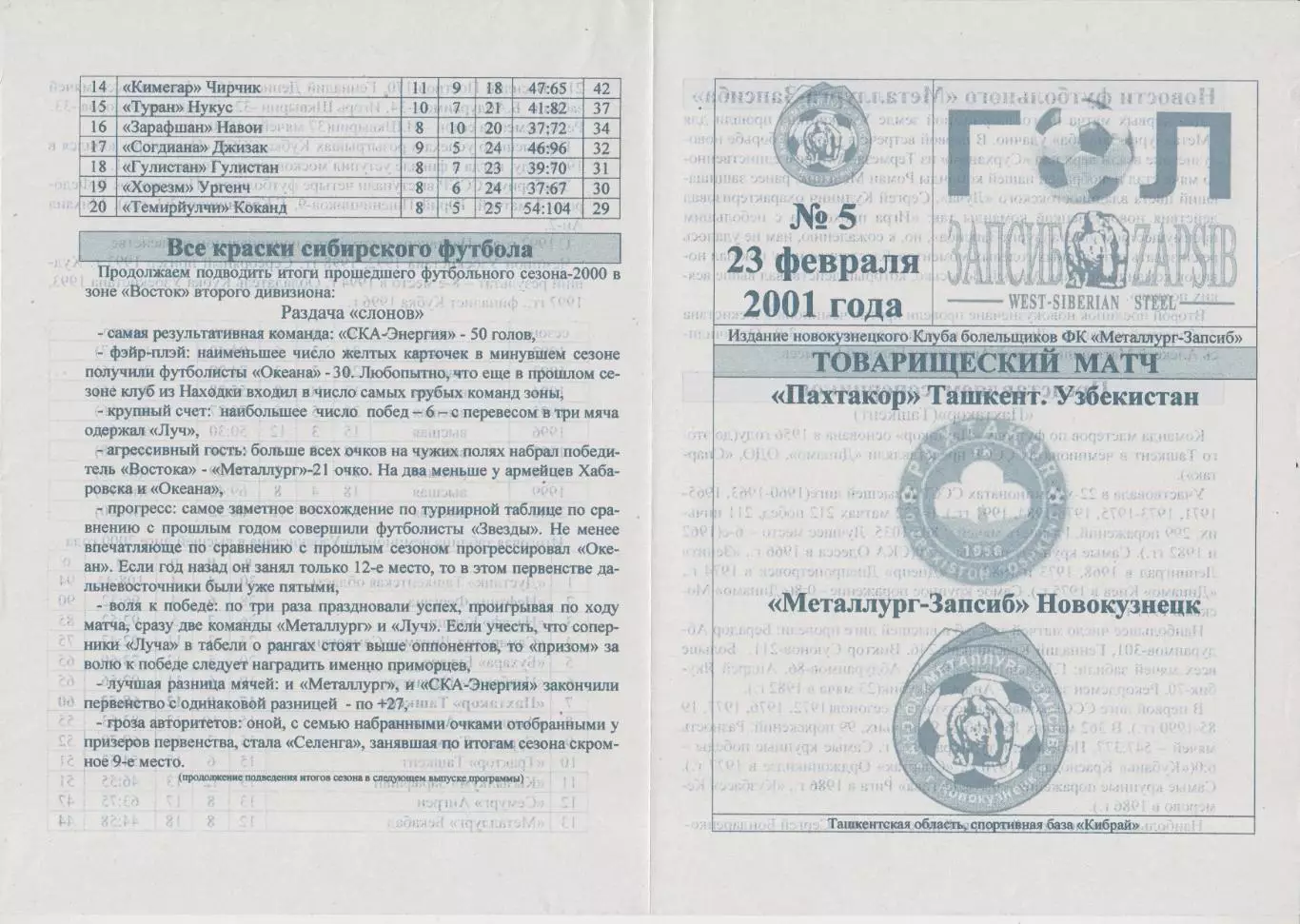 Металлург(Новокузнецк) - Пахтакор(Ташкент) - 2001 - ТМ