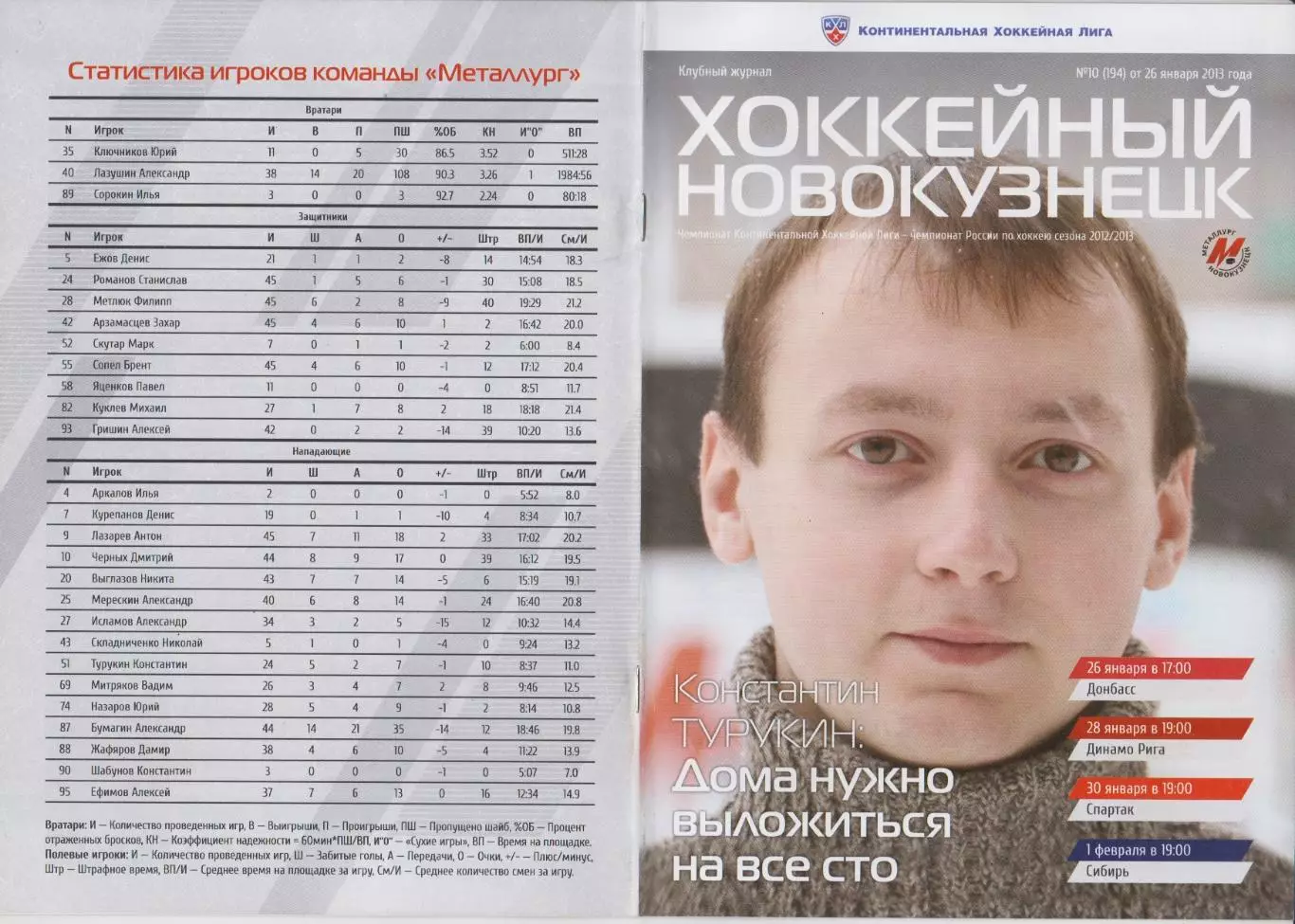 Металлург(Новокузнецк)- Донбасс(Донецк)/ Рига / Спартак(Москва)/ Сибирь- 2012/13