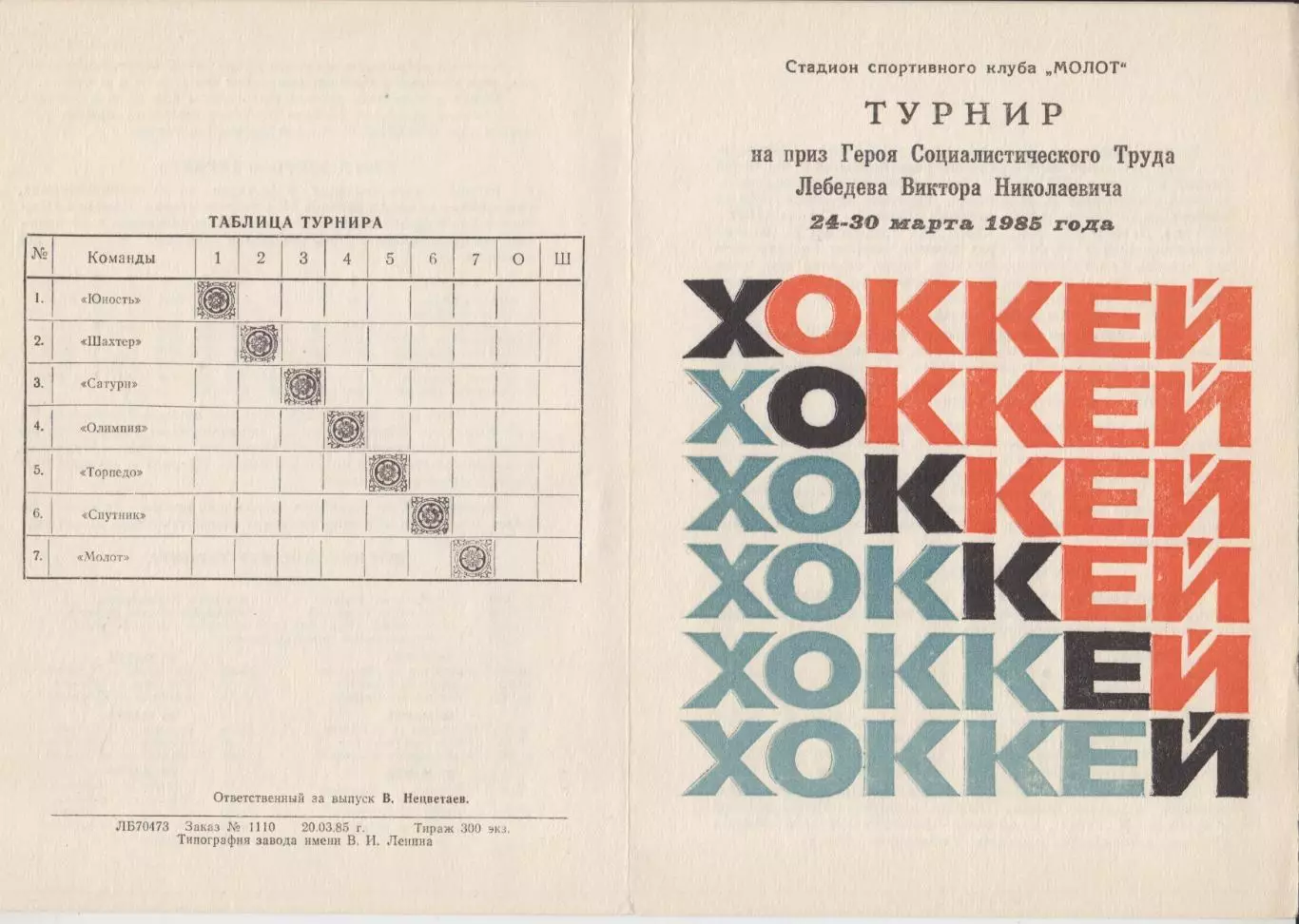 Турнир на приз героя В.Н.Лебедева(Пермь) - 1985