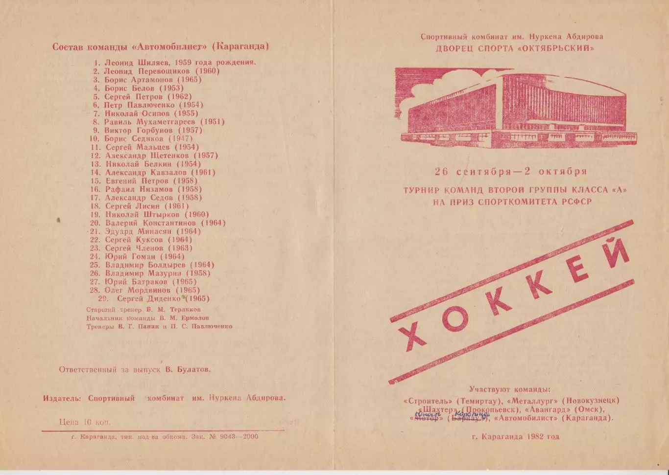 Турнир команд второй группы на приз Спорткомитета РСФСР(Караганда) - 1982