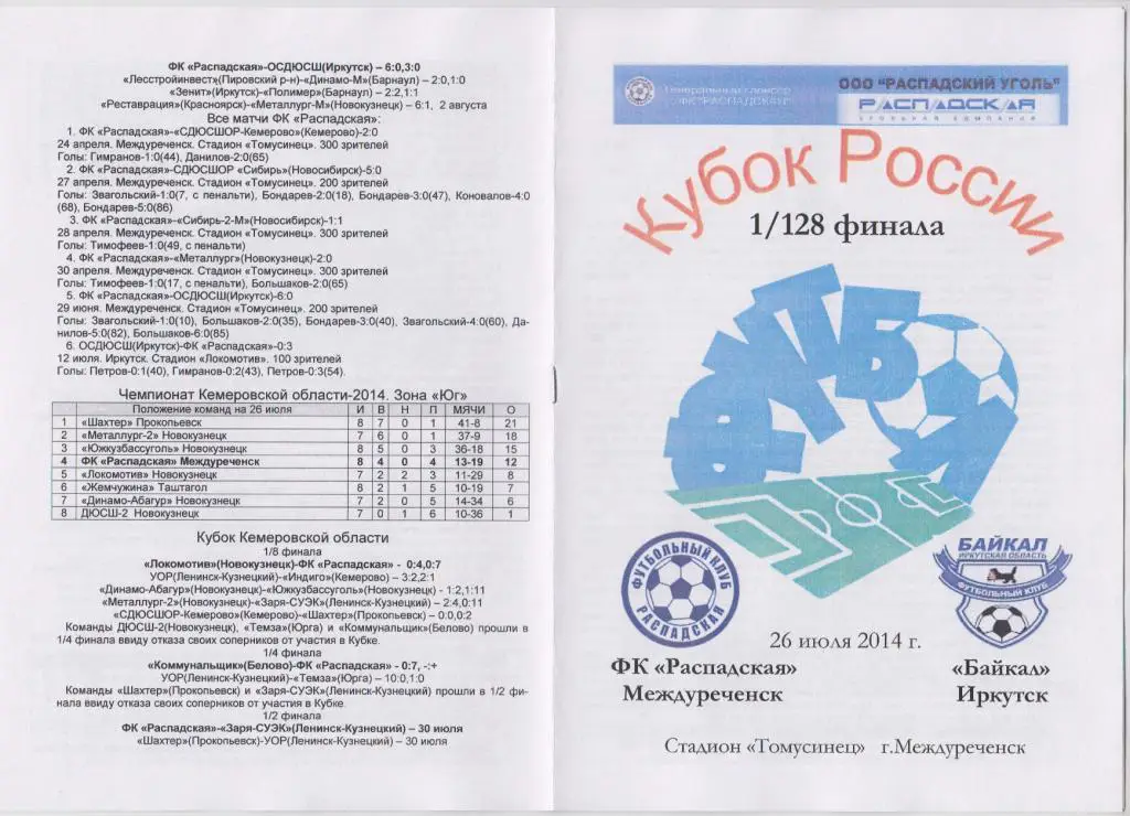 ФК Распадская(Междуреченск) - Байкал(Иркутск) - 2014/15 - Кубок России