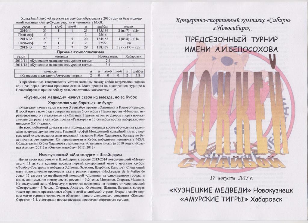 Кузнецкие медведи(Новокузнецк) - Амурские тигры(Хабаровск) - 2013 - турнир