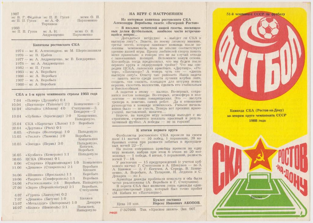 Буклет СКА(Ростов-на-Дону). Команда СКА во втором круге - 1988