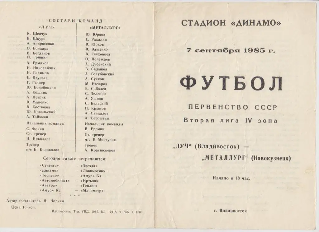 Луч(Владивосток) - Металлург(Новокузнецк) - 1985