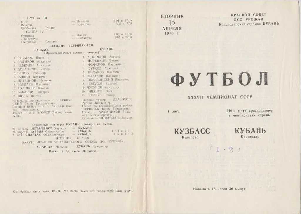 Кубань(Краснодар) - Кузбасс(Кемерово) - 1975