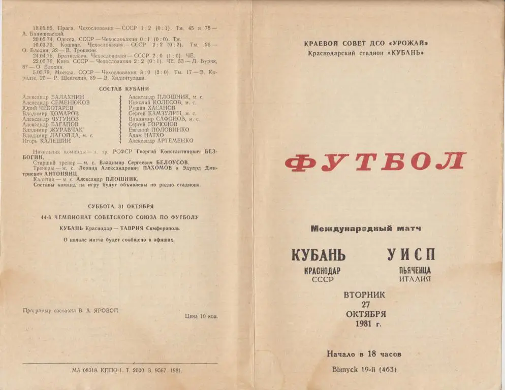 Кубань(Краснодар) - УИСП(Пьяченца. Италия) - 1981 - ТМ