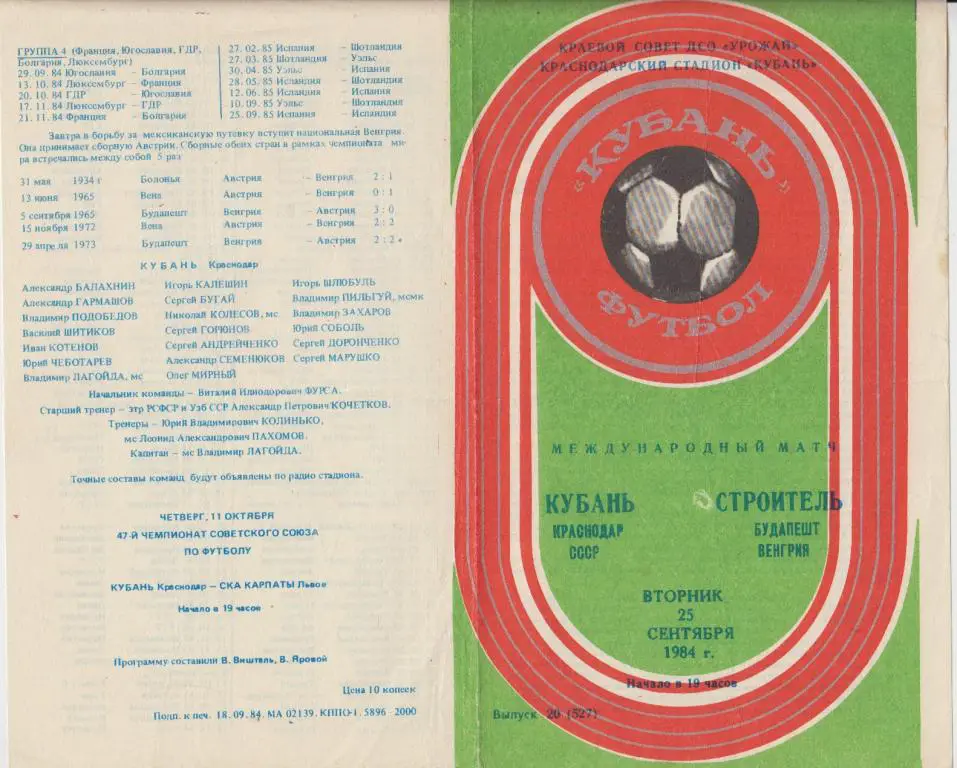 Кубань(Краснодар) - Строитель(Венгрия) - 1984 - ТМ