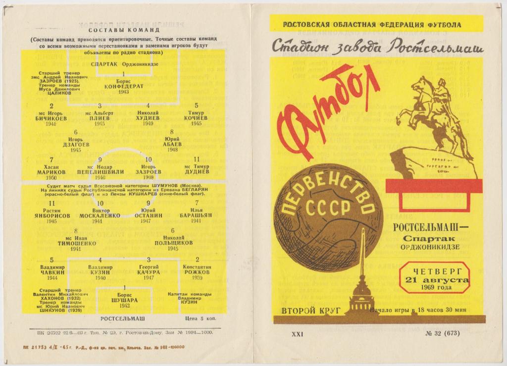 Ростсельмаш(Ростов-на-Дону) - Спартак(Орджоникидзе) - 1969