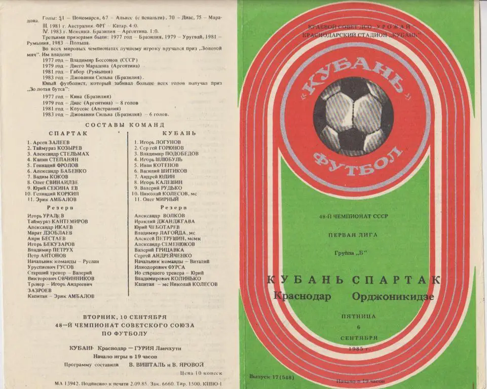 Кубань(Краснодар) - Спартак(Орджоникидзе) - 1985 - 2