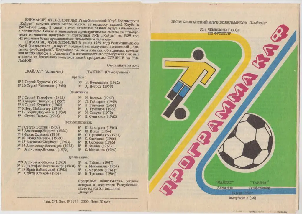 Кайрат(Алма-Ата) - Таврия(Симферополь) - 1989