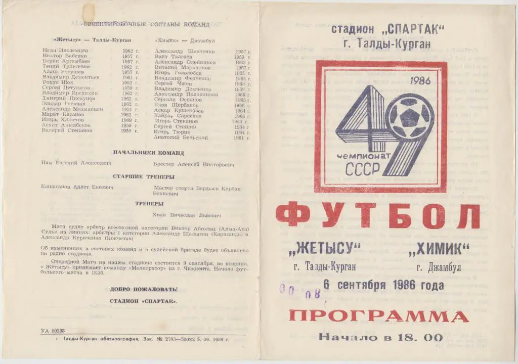 Жетысу(Талды-Курган) - Химик(Джамбул) - 1986