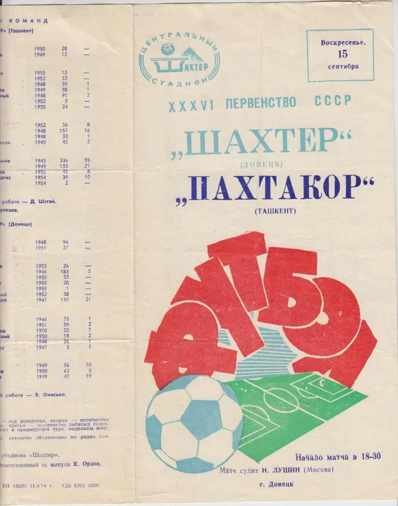 Шахтер(Донецк) - Пахтакор(Ташкент) - 1974