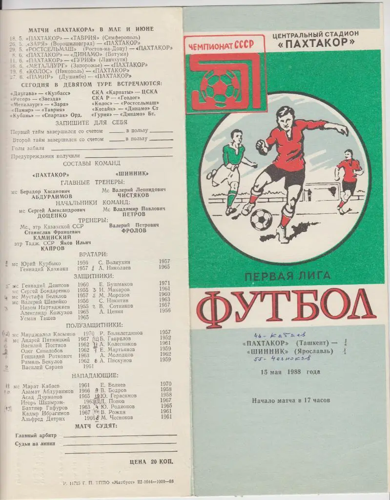 Пахтакор(Ташкент) - Шинник(Ярославль) - 1988