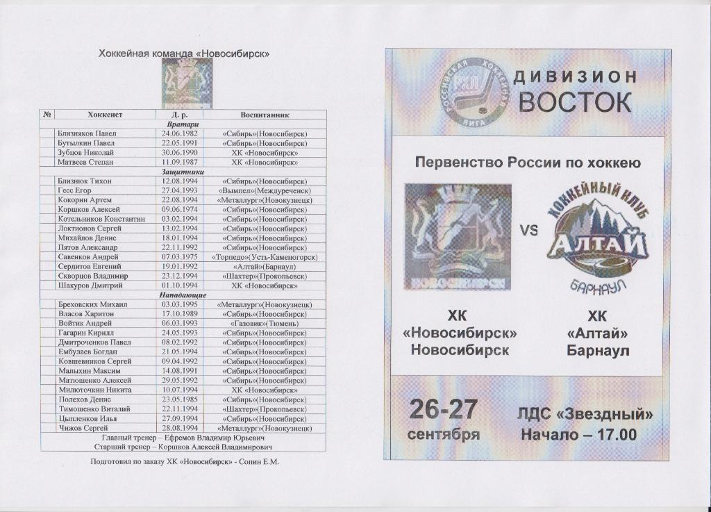 ХК Новосибирск(Новосибирск) - Алтай(Барнаул) - 2012/13 - 1